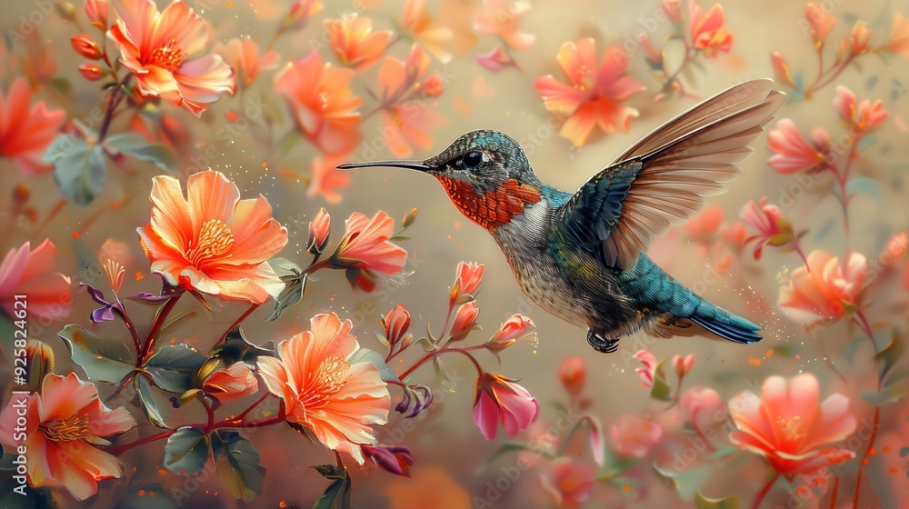 Obraz premium Vibrant Hummingbird Hovers Amidst Blooming Flowers in Midair