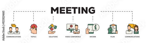 Meeting icon infographic illustration concept with icon of communications, topics, solutions, plan, inform and video conference  icon live stroke and easy to edit 