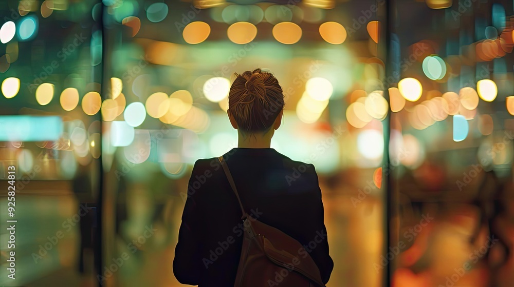 A person stands gazing at a vibrant city scene filled with colorful lights, capturing a moment of reflection and urban beauty. A person stands gazing at a vibrant city scene filled with colorful lights, capturing a moment of reflection and urban beauty.