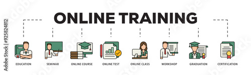 Online training icon infographic illustration concept with icon of education, seminar, online course, online test, online class, workshop, graduation, certification icon live stroke and easy to edit 
