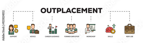 Outplacement icon infographic illustration concept with icon of mer employer, workshop, skills, new job, training, and presentation icon live stroke and easy to edit 