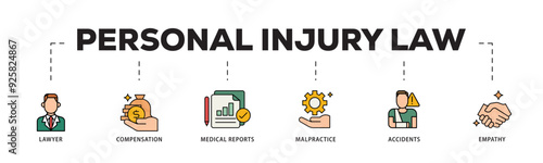 Personal injury law icon infographic illustration concept with icon of malpractice, empathy, accidents, medical reports, compensation, lawyer icon live stroke and easy to edit 