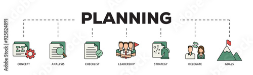 Planning icon infographic illustration concept with icon of concept, analysis, checklist, leadership, strategy, delegate and goals icon live stroke and easy to edit 
