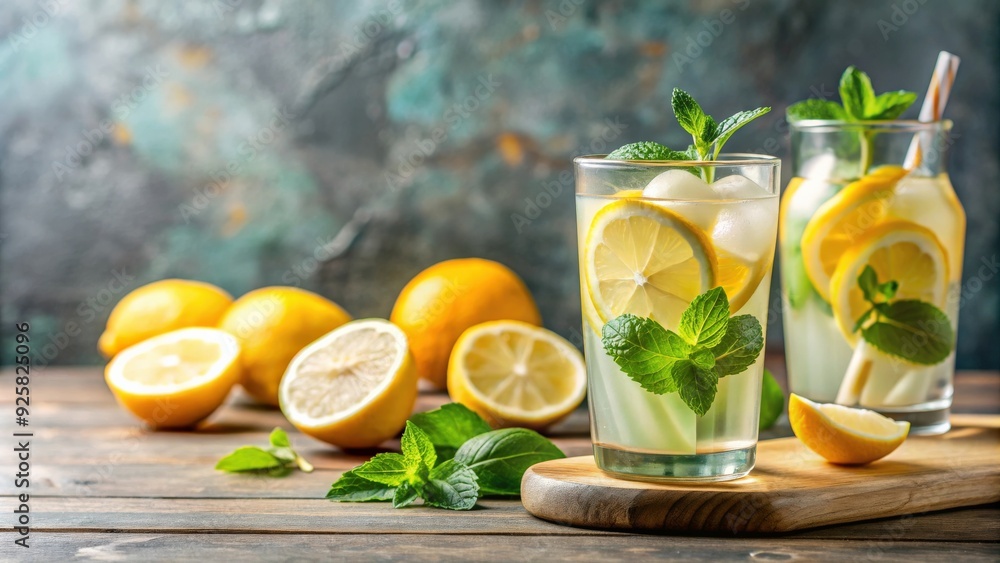 Fototapeta premium Refreshing lemonade with slices of lemon and fresh mint leaves , refreshing, lemonade, lemon, mint, drink, beverage, cold, citrus