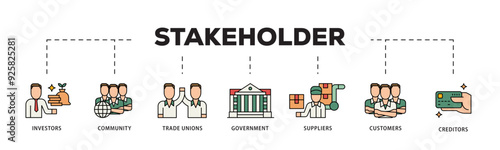 Stakeholder icon infographic illustration concept with icon of community, trade unions, suppliers, and customers icon live stroke and easy to edit 