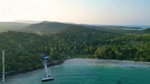 Aerial dolly from water to tropical landscape of Koh Rong Island Sihanoukville Cambodia photo