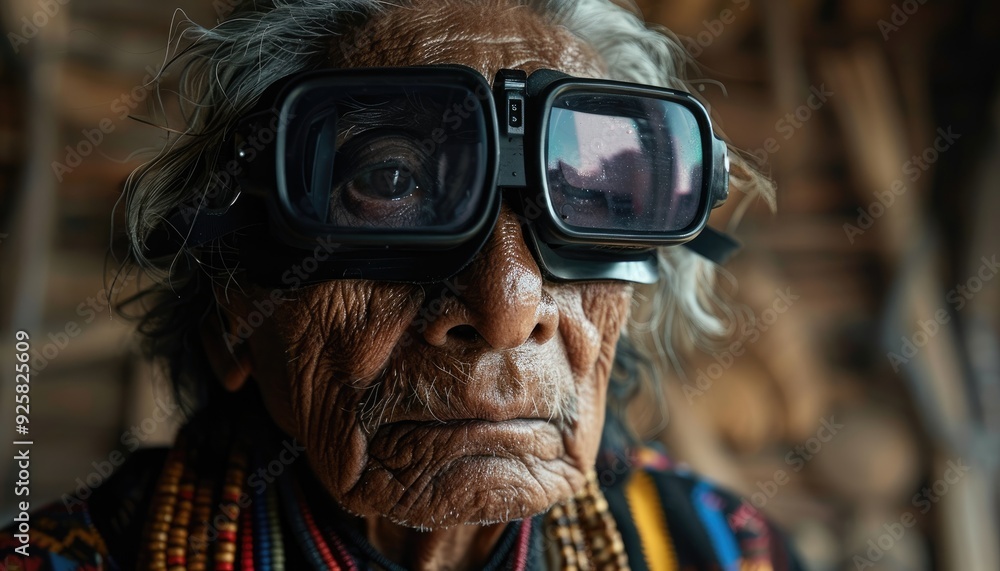 Elderly Man Wearing Goggles and Beads Elderly Man Wearing Goggles and Beads