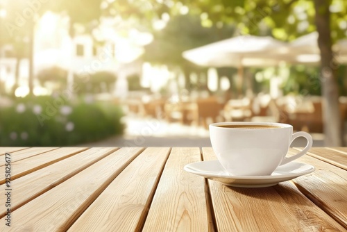 A serene outdoor cafe scene featuring a steaming cup of coffee on a wooden table, perfect for relaxation and enjoyment.