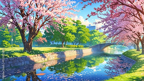 Serene city park with blooming cherry bloosom