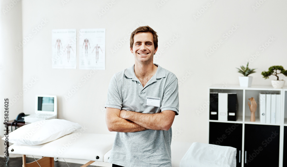 Portrait, man or physiotherapist with crossed arms in office room, rehabilitation for orthopedic support. Small business, proud or professional pt ready for physiotherapy service for recovery or help Portrait, man or physiotherapist with crossed arms in office room, rehabilitation for orthopedic support. Small business, proud or professional pt ready for physiotherapy service for recovery or help