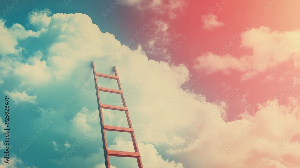 A red ladder reaching towards a vibrant sky filled with fluffy clouds, symbolizing aspiration, dreams, and endless possibilities. A red ladder reaching towards a vibrant sky filled with fluffy clouds, symbolizing aspiration, dreams, and endless possibilities.