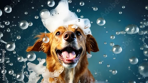 Wallpaper Mural Smiling wet puppy dog taking bath with soap bubble foam on head , Just washed cute dog on blue background, goods for treatment for domestic pets, grooming salon Torontodigital.ca