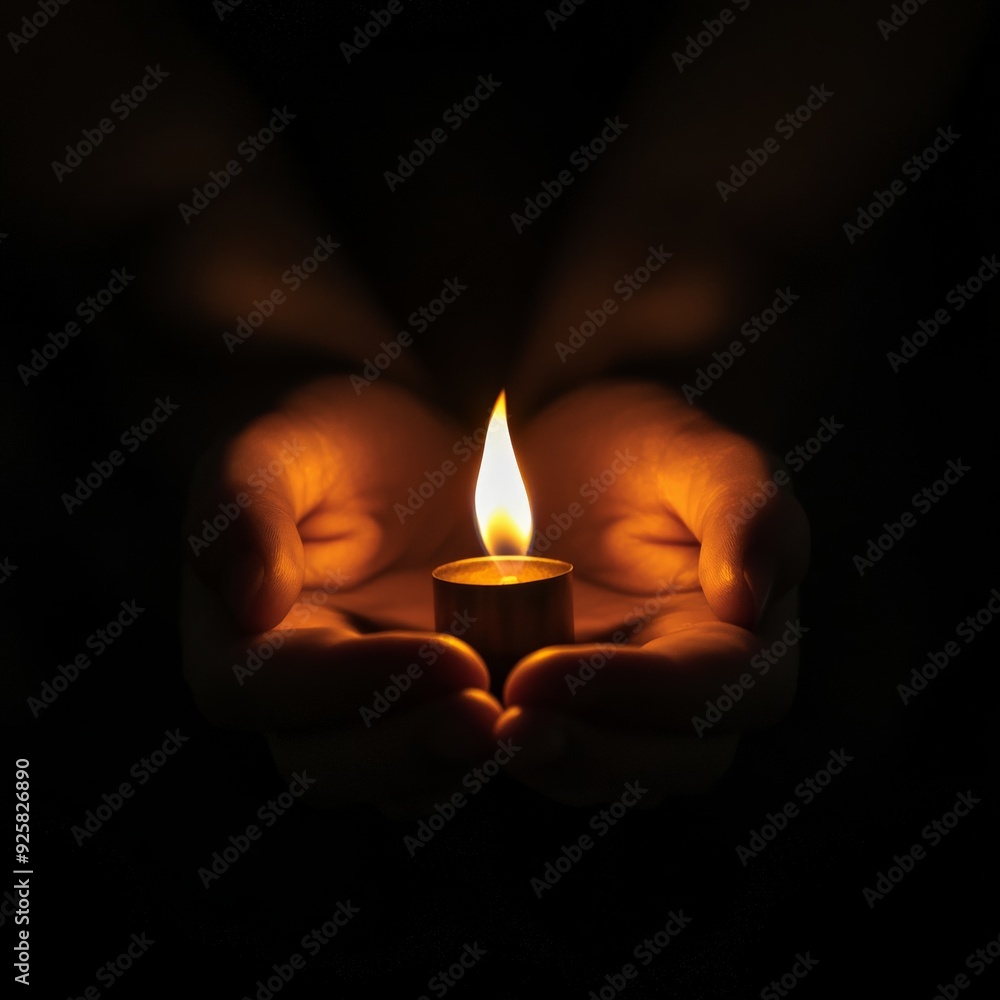 A pair of hands gently holding a glowing candle in the dark, symbolizing hope, peace, and serenity in moments of solitude. A pair of hands gently holding a glowing candle in the dark, symbolizing hope, peace, and serenity in moments of solitude.