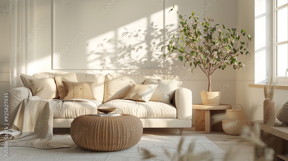 Fototapeta premium A sophisticated living room with a neutral color palette, featuring elegant furniture and decor.