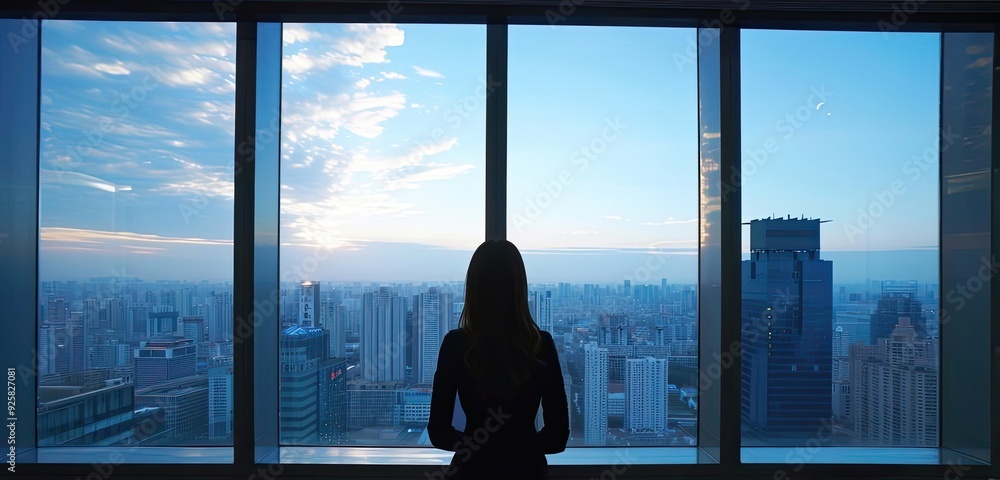 Fototapeta premium Silhouette of a woman gazing at a stunning cityscape through large windows during sunset in a modern building.