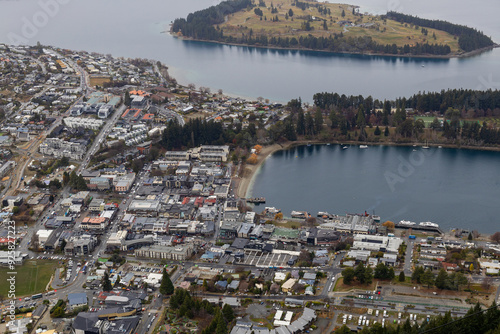 Aerial view of Queenstown town area.