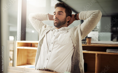 Принти на полотні Man, stretching and thinking at desk for business, break and waiting for software update in office