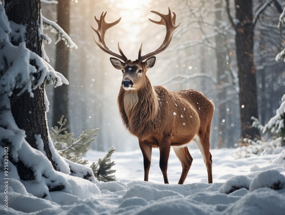 Majestic Deer with Antlers in Snowy Forest Majestic Deer with Antlers in Snowy Forest