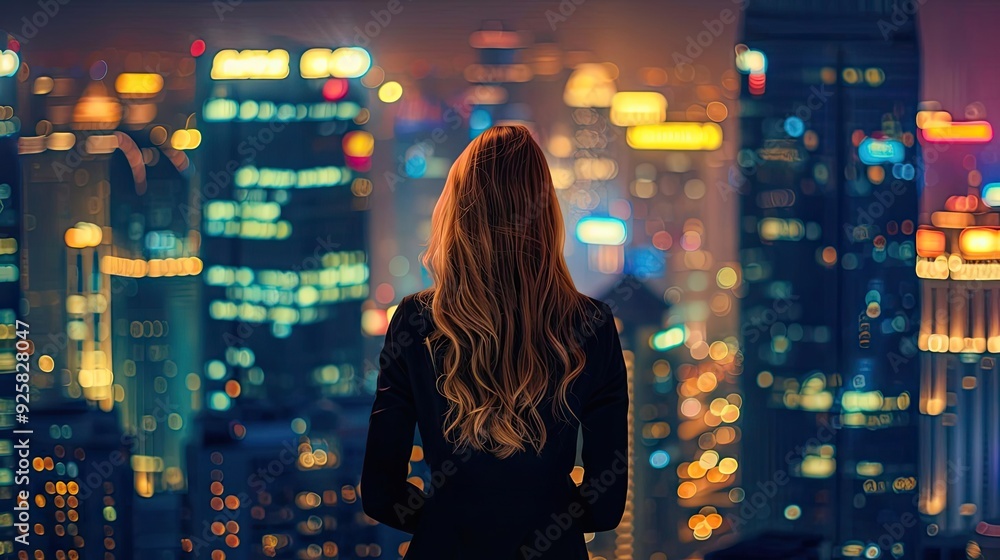 A woman gazes out over a vibrant city skyline at night, illuminated by colorful lights and towering skyscrapers. A woman gazes out over a vibrant city skyline at night, illuminated by colorful lights and towering skyscrapers.