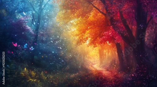 fantasy  lush dense forest  multicolored leaves on the trees  bright  vibrant  magical  mystical 
