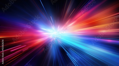 Abstract motion blur background with red, blue, and white streaks of light.
