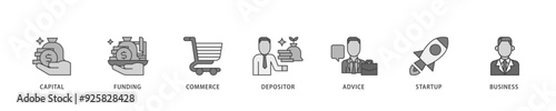 Angel investor icon infographic illustration concept with icon of capital, funding, commerce, depositor, advice, startup and business icon live stroke and easy to edit 