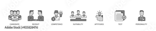 Assessment icon infographic illustration concept with icon of user candidate, recruit, competence, suitability, aptitudes, test and personality icon live stroke and easy to edit 