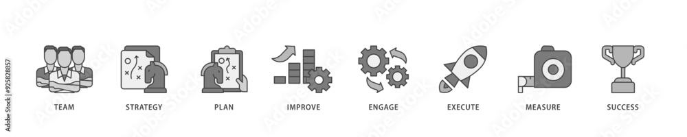 Change management icon infographic illustration concept with icon of team, strategy, plan, improve, engage, execute, measure, and success icon live stroke and easy to edit Change management icon infographic illustration concept with icon of team, strategy, plan, improve, engage, execute, measure, and success icon live stroke and easy to edit