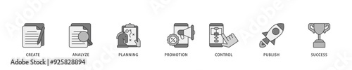 Content strategy icon infographic illustration concept with icon of create, analyze, planning, promotion, control, publish and success icon live stroke and easy to edit 