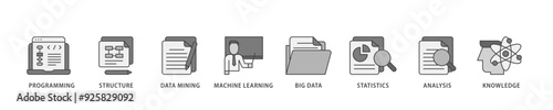 Data science icon infographic illustration concept with icon of data, classification, analyze, statistics, solving, decision and knowledge icon live stroke and easy to edit 