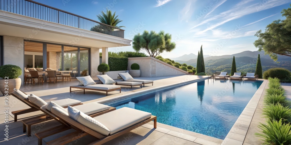 Fototapeta premium Luxurious modern pool area at a Mediterranean villa with sun loungers for relaxing and outdoor living, Mediterranean