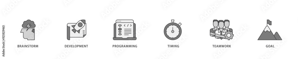 Fototapeta premium Hackathon icon infographic illustration concept with icon of brainstorm, development, programming, timing, speed, teamwork, and goal icon live stroke and easy to edit 