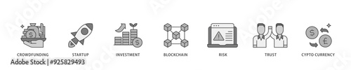 ICO icon infographic illustration concept with icon of crowdfunding, startup, investment, blockchain, risk, trust and cypto currency icon live stroke and easy to edit 