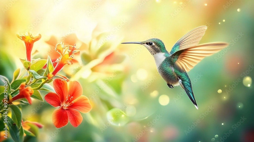 Fototapeta premium Hummingbird's Grace: A vibrant hummingbird hovers near blossoms, wings outstretched in a breathtaking display of nature's beauty. Sunlight filters through the scene, creating a magical ambiance.