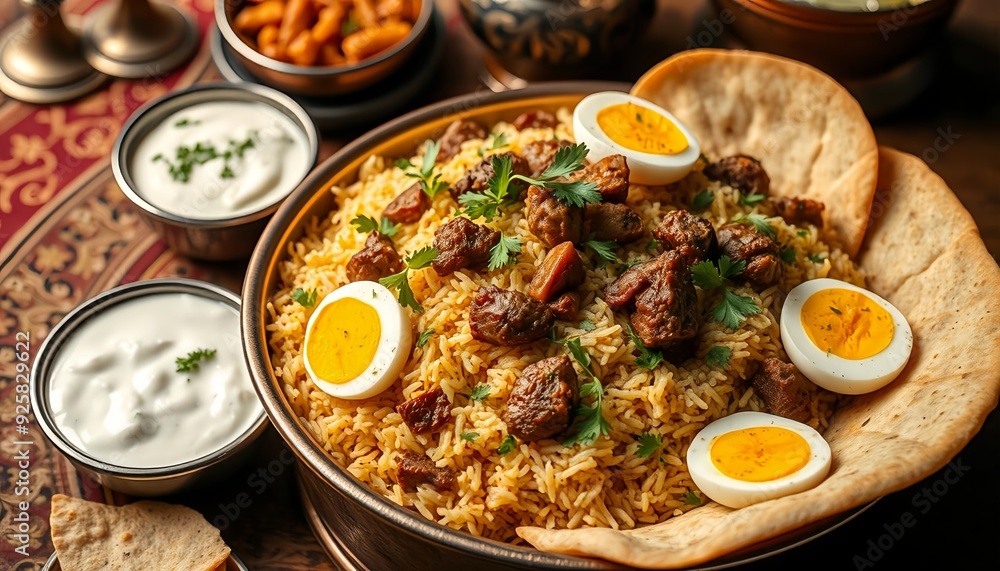 The Essence of Biryani: A Traditional Indian Feast with Fragrant Basmati Rice, Tender Meat, Aromatic Spices, and Accompaniments in a Warm, Rich Setting The Essence of Biryani: A Traditional Indian Feast with Fragrant Basmati Rice, Tender Meat, Aromatic Spices, and Accompaniments in a Warm, Rich Setting