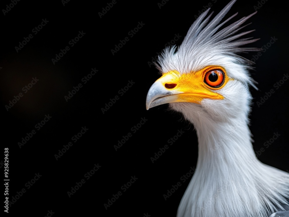 Majestic bird with striking orange eyes and feathery crest against a dramatic dark background Majestic bird with striking orange eyes and feathery crest against a dramatic dark background
