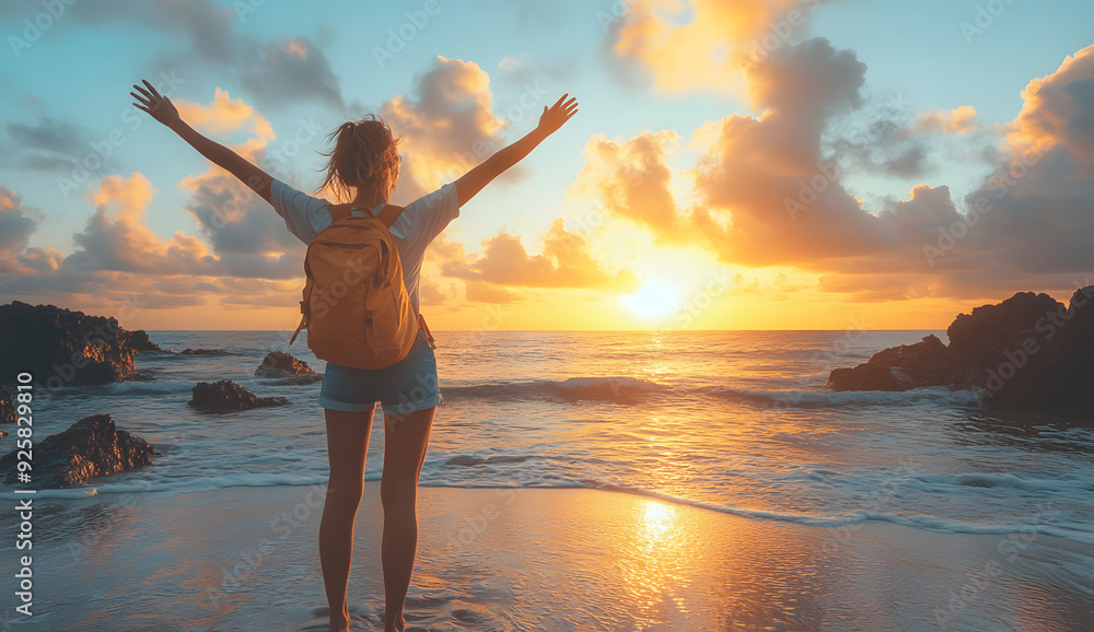 A joyful moment captured as a person with a backpack stands on a serene beach, arms raised towards the vibrant sunse A joyful moment captured as a person with a backpack stands on a serene beach, arms raised towards the vibrant sunse
