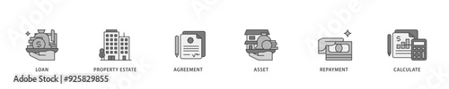 Mortgage icon infographic illustration concept with icon of loan, property estate, agreement, asset, repayment and calculate icon live stroke and easy to edit 