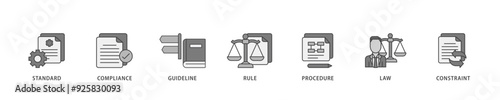 Regulation icon infographic illustration concept with icon of standard, compliance, guideline, rule, procedure, law and constraint icon live stroke and easy to edit 