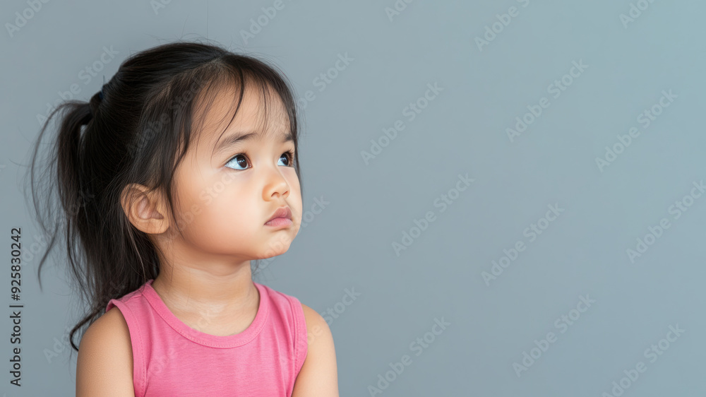 Indonesian little girl angry expression looking at copy space, isolated on gray Indonesian little girl angry expression looking at copy space, isolated on gray