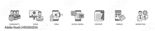 SMM icon infographic illustration concept with icon of community, video, viral, social media, content, mobile and marketing icon live stroke and easy to edit 