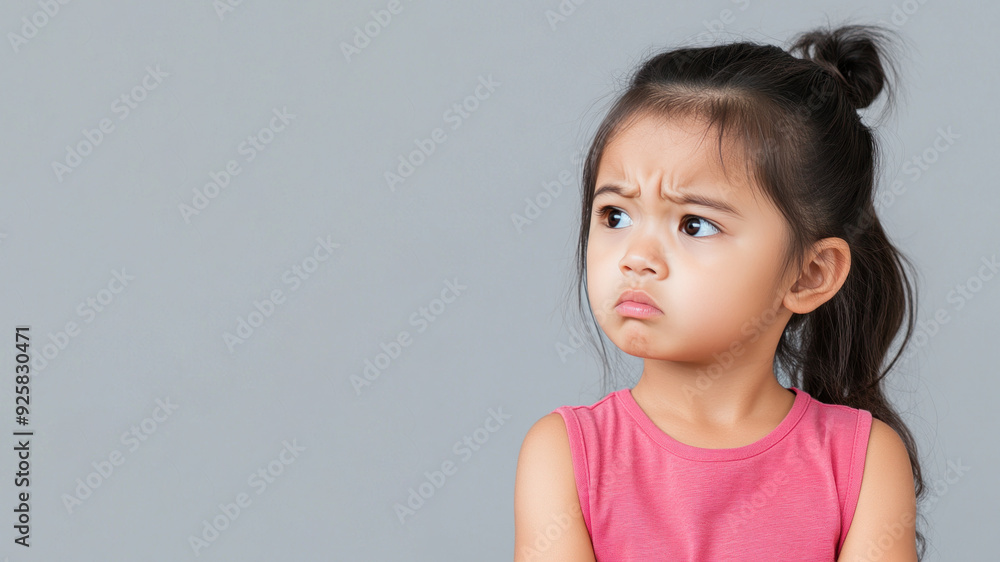 Malay little girl angry expression looking at copy space, isolated on gray Malay little girl angry expression looking at copy space, isolated on gray
