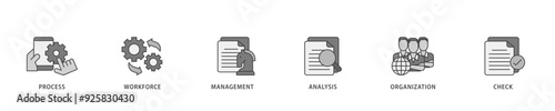 Total quality management icon infographic illustration concept with icon of process, workforce, management, analysis, organization and check icon live stroke and easy to edit 