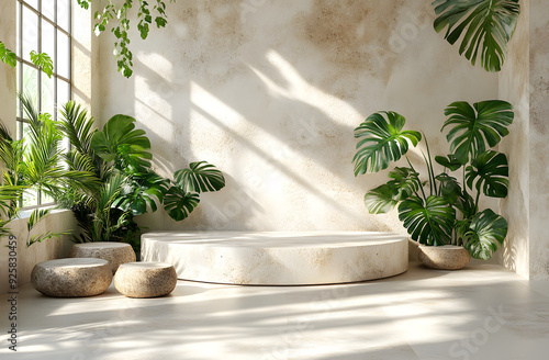 Minimalist Indoor Scene with White Stone Pedestals and Monstera Plants