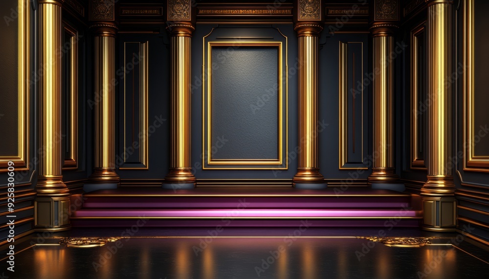 Obraz premium Black and Gold Interior with Purple Platform and Gold Columns