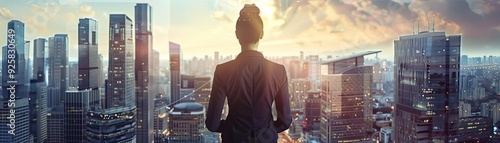 A professional woman stands confidently before a city skyline during sunset, embodying ambition and success in a vibrant urban setting.