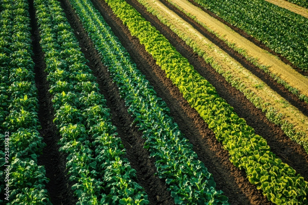 Aerial view of vibrant green vegetable fields in neat rows, showcasing ...