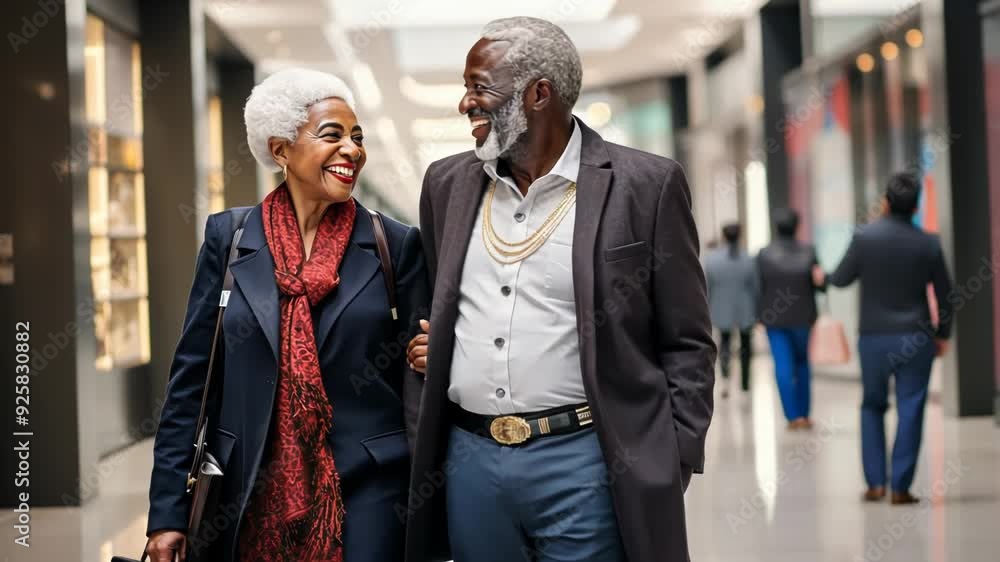 appy senior african American couple man and woman shopping together and walking together in shopping mall. appy senior african American couple man and woman shopping together and walking together in shopping mall.