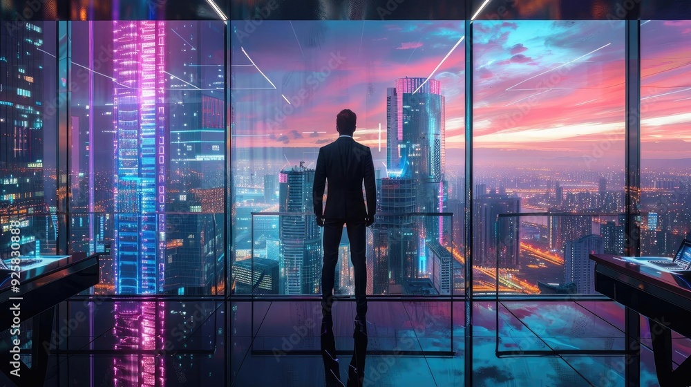 A silhouette of a person gazes out at a vibrant cityscape during sunset, illuminated by colorful city lights. A silhouette of a person gazes out at a vibrant cityscape during sunset, illuminated by colorful city lights.