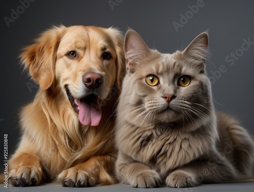 A Golden Retriever Dog and a Gray Cat Lying Side by Side